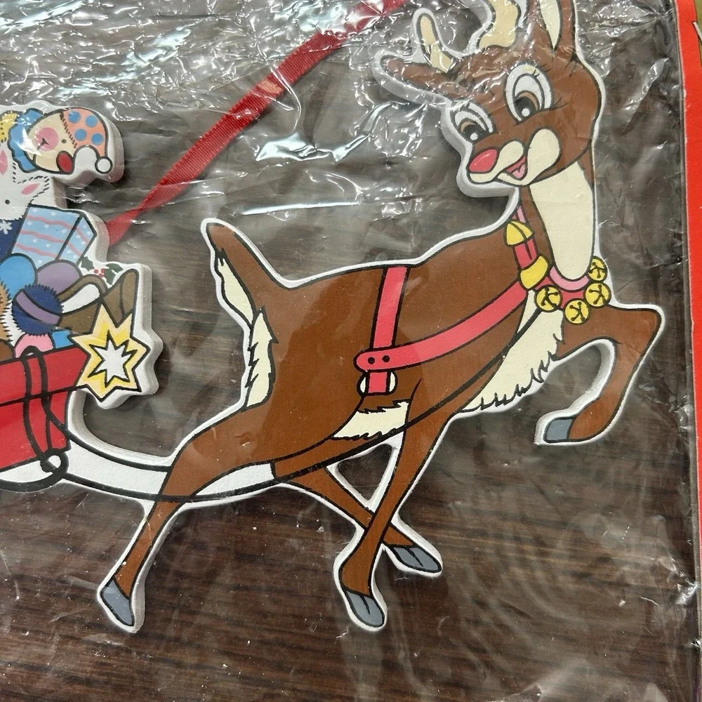 Vintage Kurt Adler Wood Christmas Ornament Rudolph Sleigh Toys NOS Santa's World